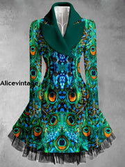 Peacock Feather Print Vintage Elegant Lapel Button Up Long Sleeve Coat Dress