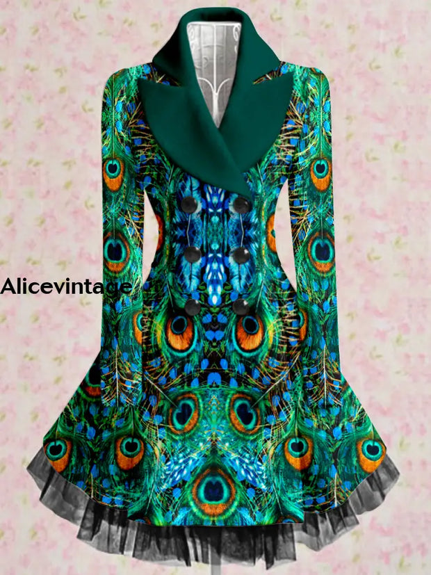 Peacock Feather Print Vintage Elegant Lapel Button Up Long Sleeve Coat Dress