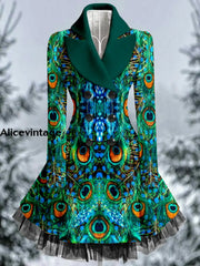 Peacock Feather Print Vintage Elegant Lapel Button Up Long Sleeve Coat Dress A / S