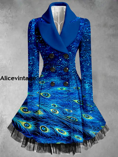 Peacock Feather Print Vintage Elegant Lapel V-Neck Button Up Long Sleeve Coat Dress