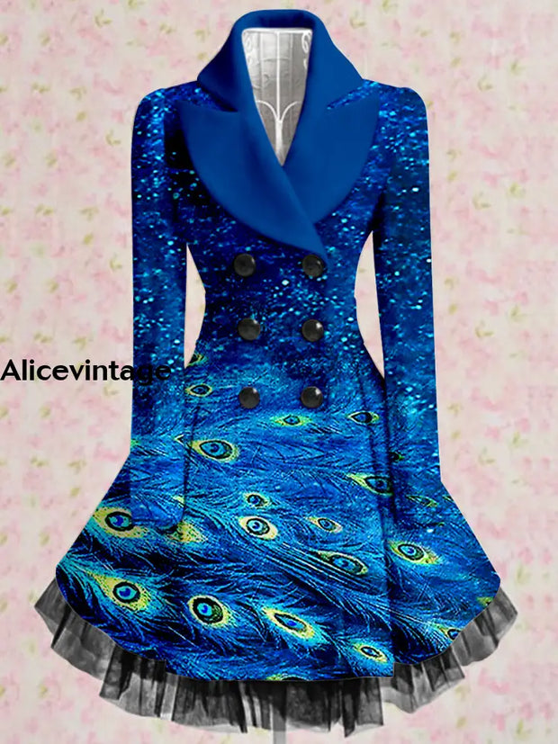 Peacock Feather Print Vintage Elegant Lapel V-Neck Button Up Long Sleeve Coat Dress