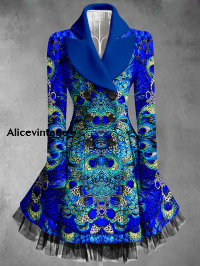 Peacock Feather Print Vintage Elegant Lapel V-Neck Button Up Long Sleeve Coat Dress