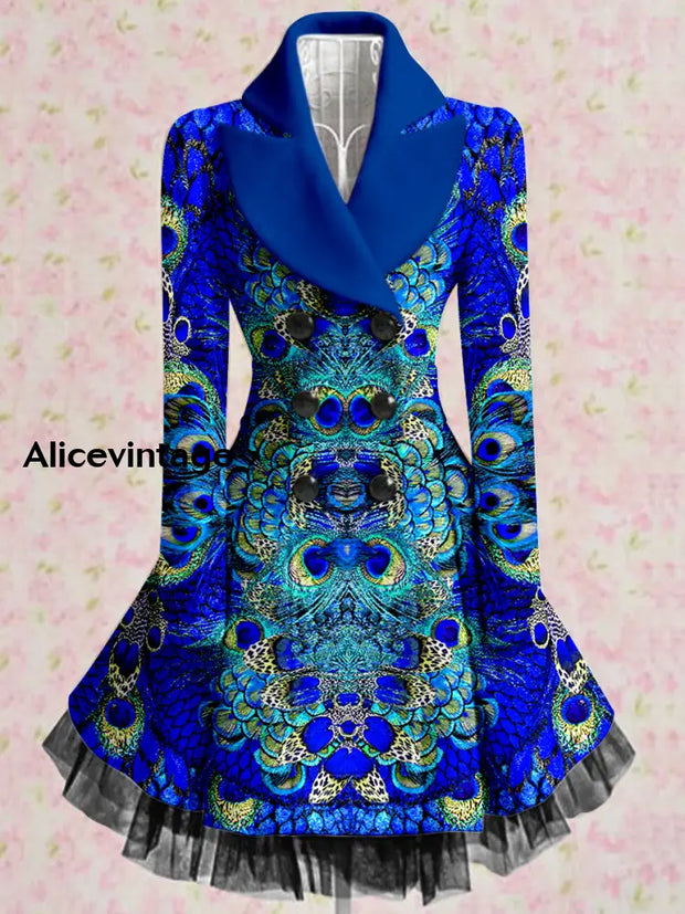 Peacock Feather Print Vintage Elegant Lapel V-Neck Button Up Long Sleeve Coat Dress