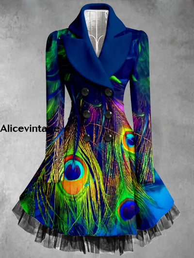 Peacock Feather Print Vintage Elegant Lapel V-Neck Button Up Long Sleeve Coat Dress