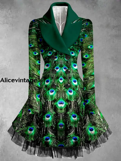 Peacock Feather Print Vintage Elegant Lapel V-Neck Button Up Long Sleeve Coat Dress