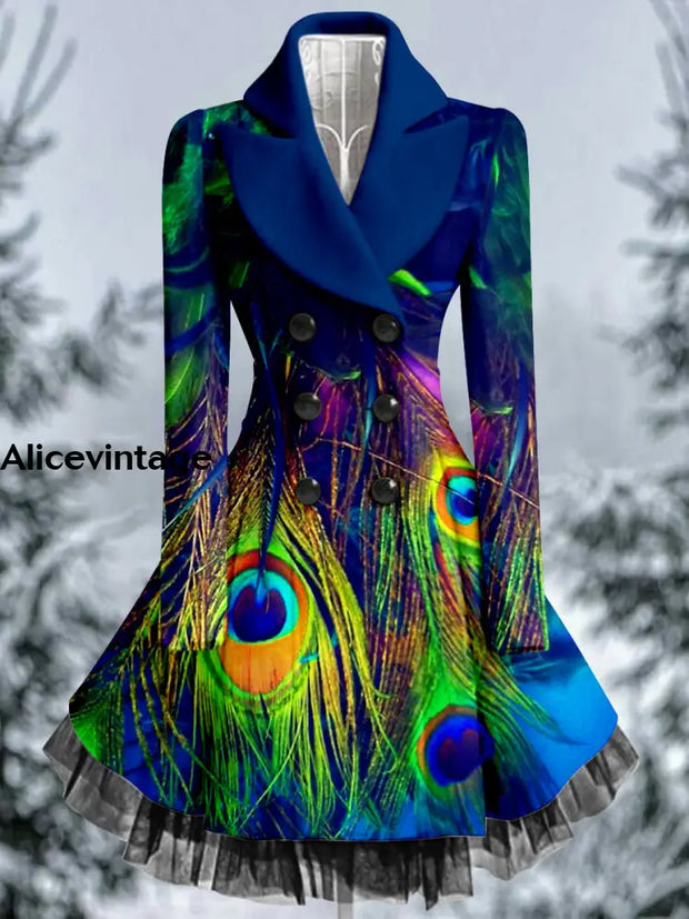 Peacock Feather Print Vintage Elegant Lapel V-Neck Button Up Long Sleeve Coat Dress A / S