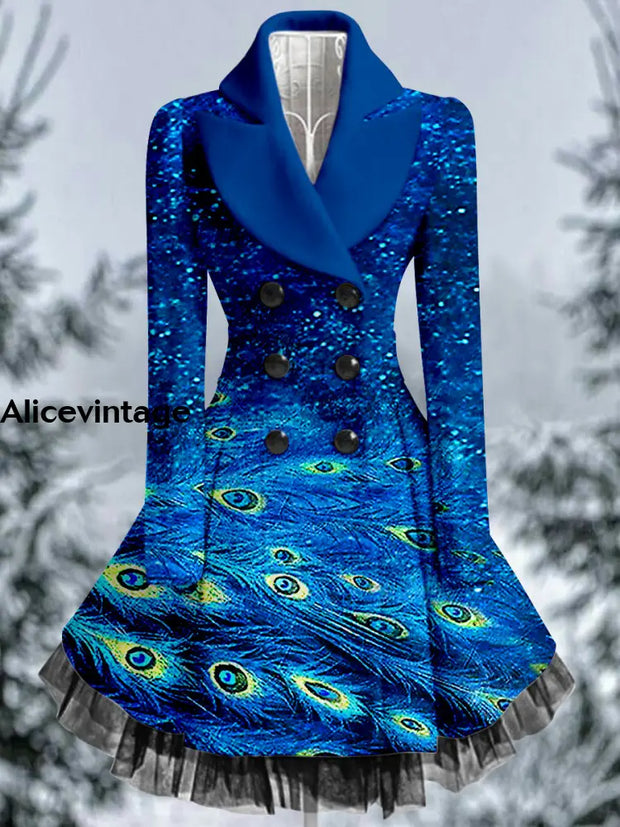 Peacock Feather Print Vintage Elegant Lapel V-Neck Button Up Long Sleeve Coat Dress A / S