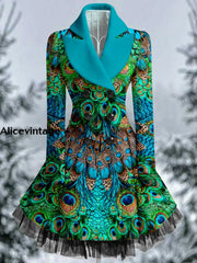 Peacock Feather Print Vintage Elegant Lapel V-Neck Button Up Long Sleeve Coat Dress A / S