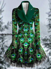 Peacock Feather Print Vintage Elegant Lapel V-Neck Button Up Long Sleeve Coat Dress A / S