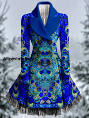 Peacock Feather Print Vintage Elegant Lapel V-Neck Button Up Long Sleeve Coat Dress A / S