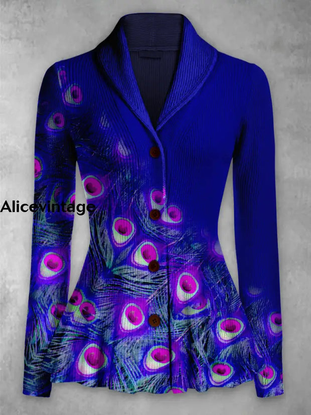 Peacock Feather Print Vintage Elegant Lapel V-Neck Button Up Long Sleeve Top A / S