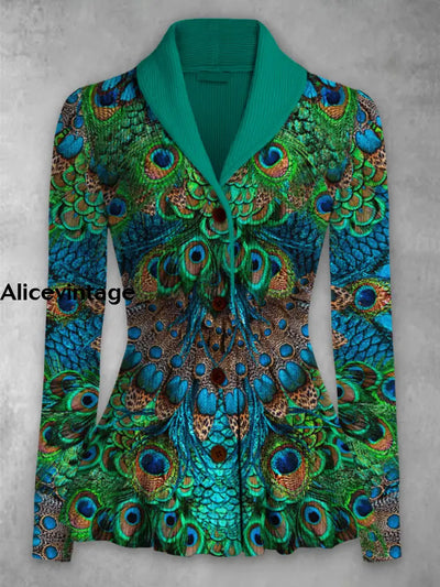 Peacock Feather Print Vintage Elegant Lapel V-Neck Button Up Long Sleeve Top A / S