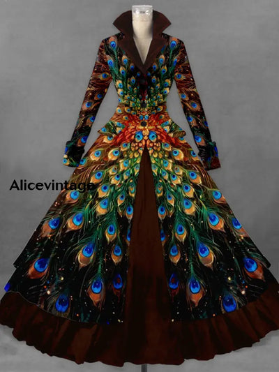 Retro Peacock Feather Printed Vintage Elegant Lapel V-Neck Button Up Double Hem Long-Sleeved Midi