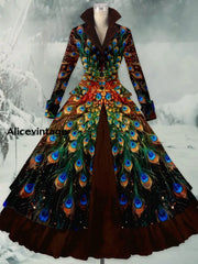 Retro Peacock Feather Printed Vintage Elegant Lapel V-Neck Button Up Double Hem Long-Sleeved Midi