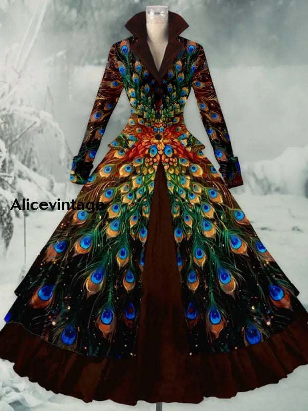 Retro Peacock Feather Printed Vintage Elegant Lapel V-Neck Button Up Double Hem Long-Sleeved Midi