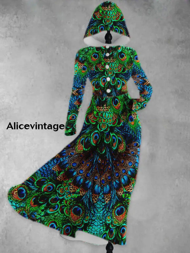 Peacock Feather Print Vintage Elegant Long Sleeve Hooded Dress