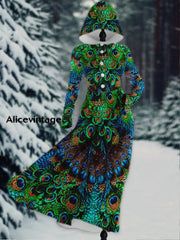 Peacock Feather Print Vintage Elegant Long Sleeve Hooded Dress A / S