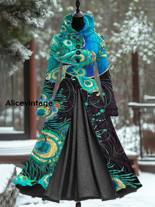 Peacock Feather Print Vintage Elegant Long Sleeve Maxi Dress Fake Two Piece A / S