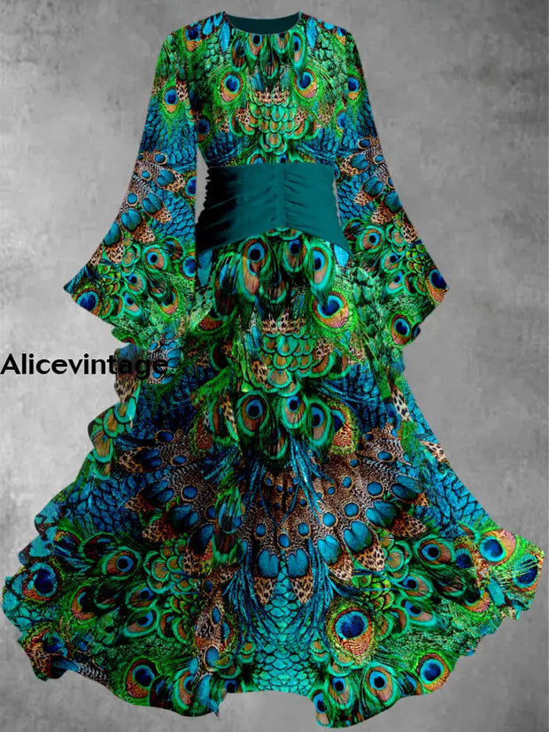 Peacock Feather Print Vintage Elegant Round Neck Long Sleeve Maxi Dress A / S