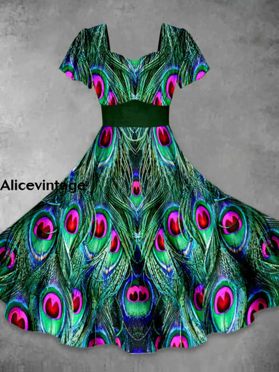 Peacock Feather Print Vintage Fashion Short Sleeve Midi Dress A / S