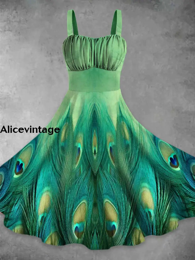 Peacock Feather Print Vintage Fashion Sleeveless Tank Midi Dress A / S