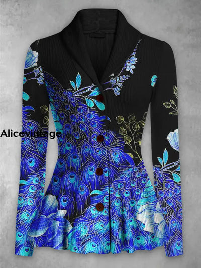 Peacock Feather Print Vintage Lapel V-Neck Button Up Long Sleeve Top A / S