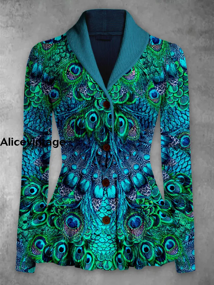 Peacock Feather Print Vintage Lapel V-Neck Button Up Long Sleeve Top A / S