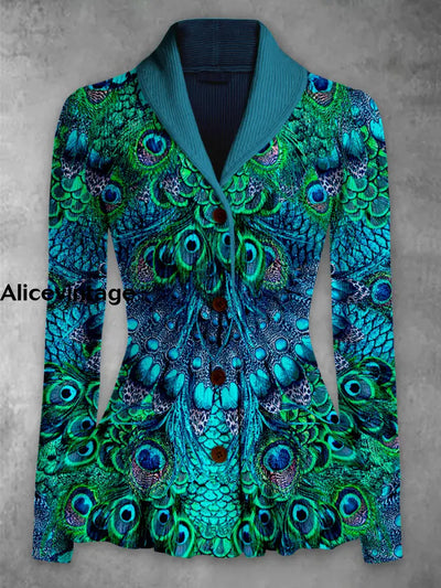 Peacock Feather Print Vintage Lapel V-Neck Button Up Long Sleeve Top A / S