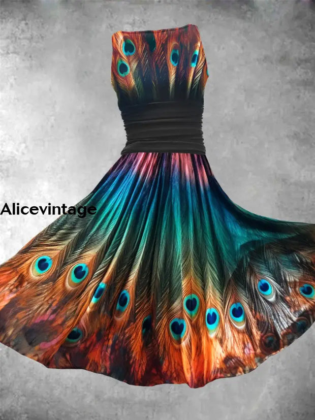 Peacock Feather Print V-Neck Vintage Chic Short Sleeve Midi Dress