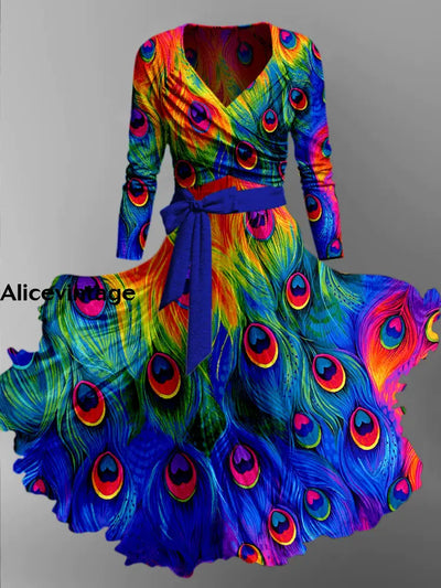 Peacock Feather Print Vintage V-Neck Long Sleeve Two-Piece Midi Dress A / S