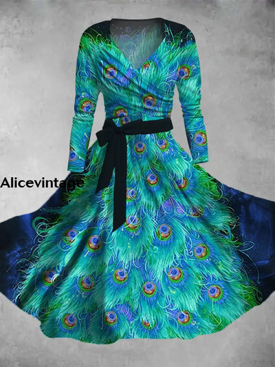 Peacock Feather Print Vintage V-Neck Long Sleeve Two-Piece Midi Dress A / S