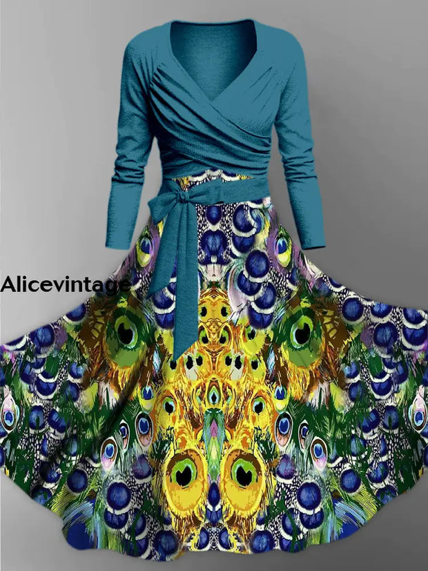 Peacock Feather Print Vintage V-Neck Long Sleeve Two-Piece Midi Dress A / S