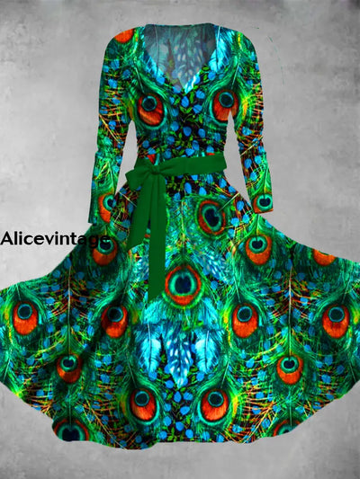 Peacock Feather Print Vintage V-Neck Long Sleeve Two-Piece Midi Dress A / S