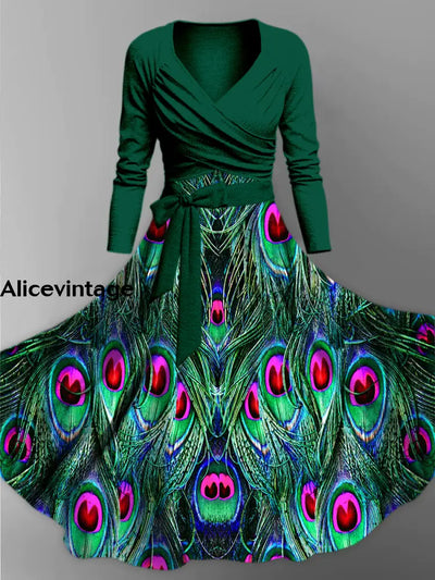 Peacock Feather Print Vintage V-Neck Long Sleeve Two-Piece Midi Dress A / S