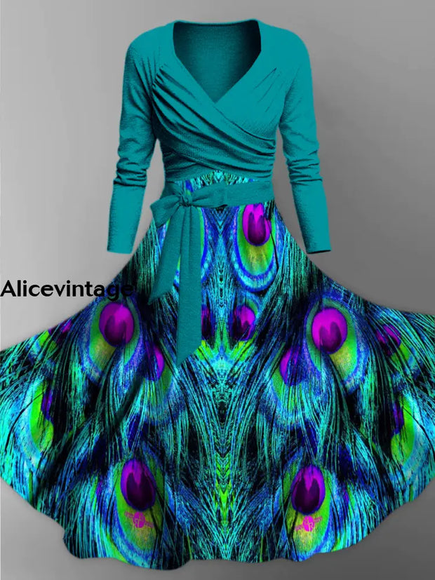 Peacock Feather Print Vintage V-Neck Long Sleeve Two-Piece Midi Dress A / S