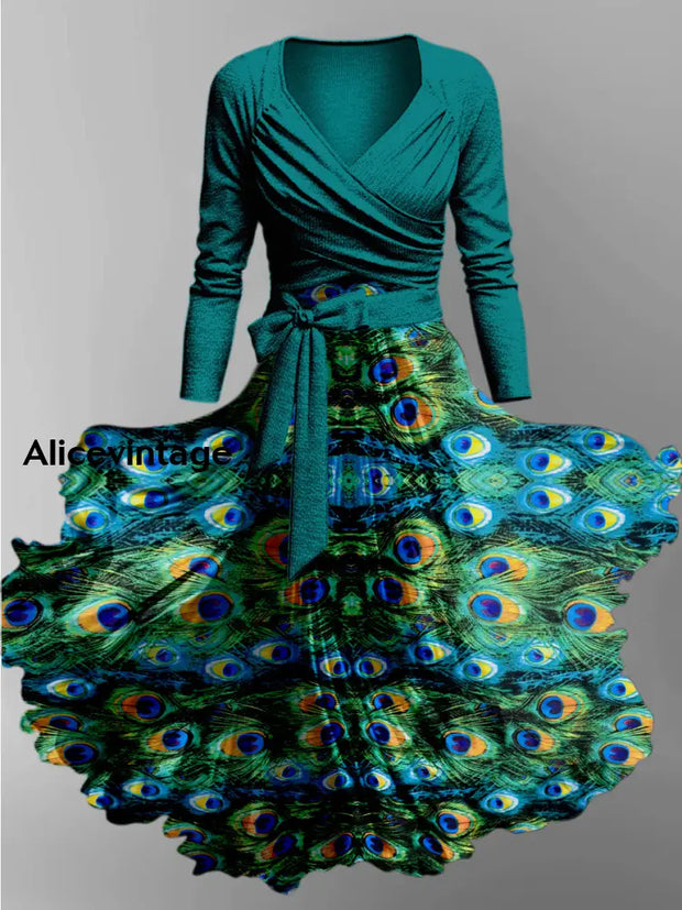 Peacock Feather Print Vintage V-Neck Long Sleeve Two-Piece Midi Dress A / S