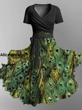 Peacock Feather Print Vintage V-Neck Short Sleeve Two-Piece Midi Dress A / S