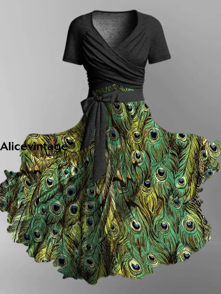 Peacock Feather Print Vintage V-Neck Short Sleeve Two-Piece Midi Dress A / S