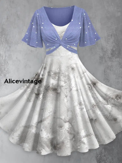 Vintage Floral Art Print Cross Fold Short Sleeve Two Piece Midi Dress