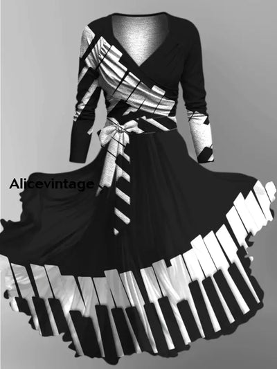 Piano Art Print V-neck Long Sleeve Vintage Two-Piece Midi Dress A / S