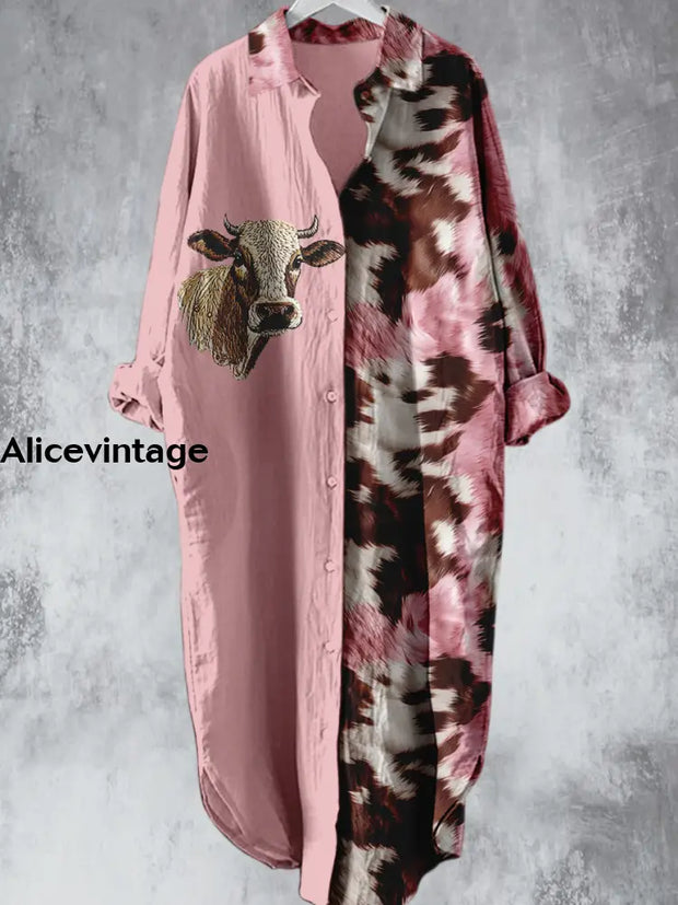 Pink Cattle Pattern Printed V-Neck Lapel Button Loose Vintage Midi Shirt Dress A / S