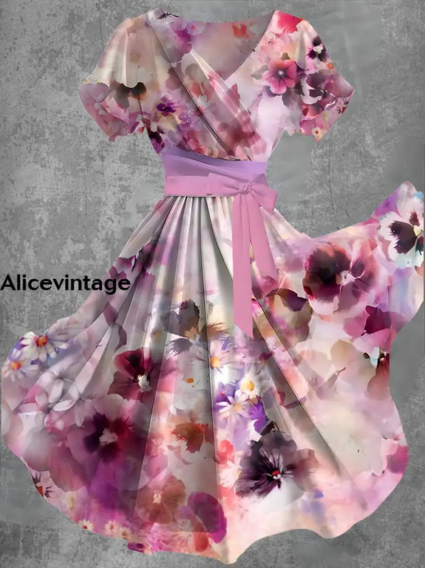 Pink Floral Art Print V-Neck Short Sleeve Vintage Flowy Midi Dress A / S