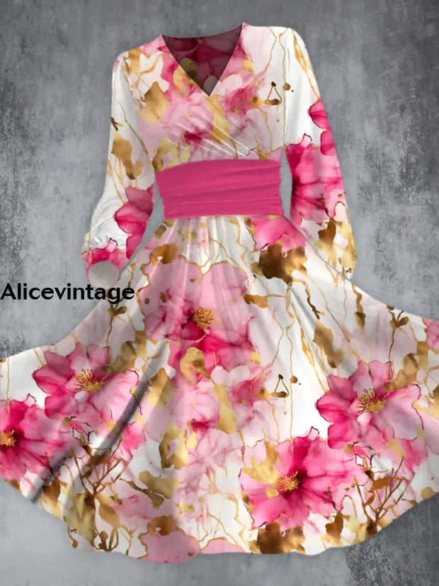 Pink Gold Leaf Flowers Print V-Neck Long Sleeve Retro Midi Dress A / S