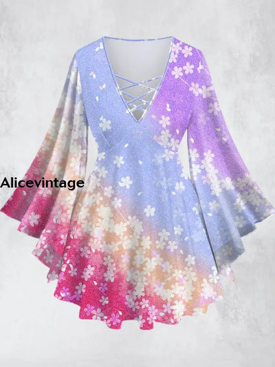 Pink Purple Gradient Blossoms Printed V-Neck Hollow Cut Flared Long Sleeve Mid-Long Top A / Xs