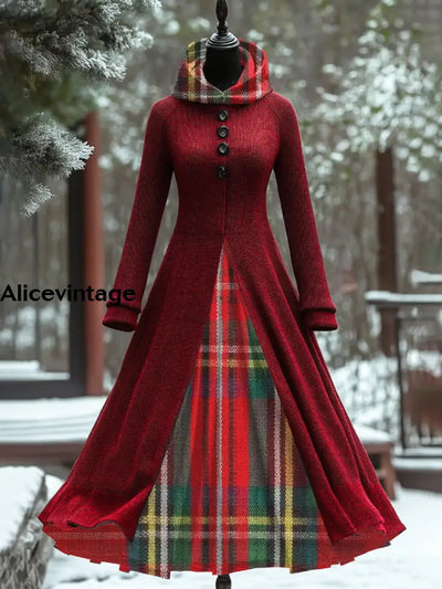 Plaid Art Print Vintage Elegant Long Sleeve Maxi Dress Fake Two Piece A / S