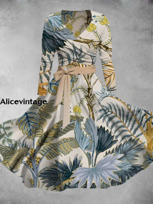 Plant Art Print Vintage V-Neck Long Sleeve Two Piece Midi Dress A / S