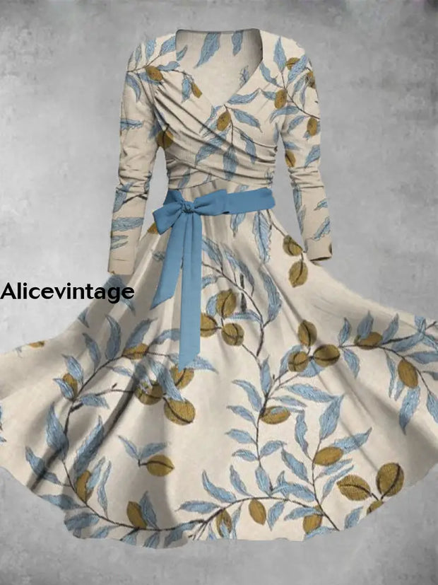 Plant Print Vintage V-Neck Long Sleeve Two Piece Midi Dress A / S