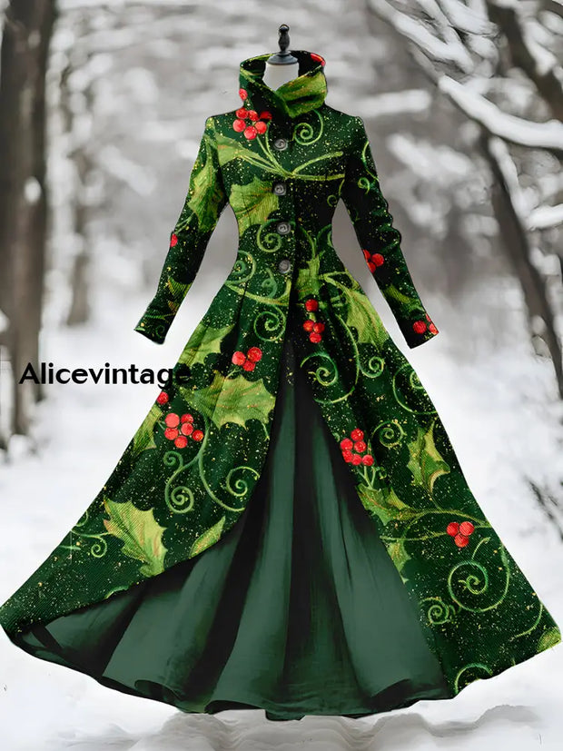 Plants Art Print Stand Collar Vintage Long Sleeve Fake Two Piece Maxi Dress A / S