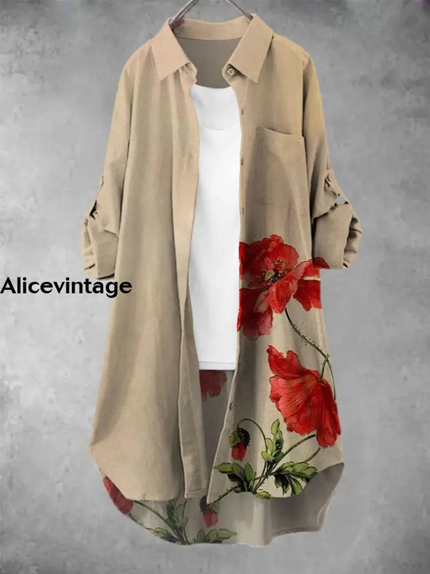 Poppy Art Print Elegant Vintage Lapel Loose Long Sleeve Shirt Dress