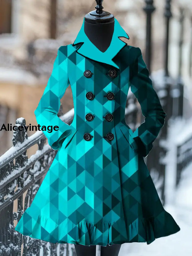 Prism Art Print Vintage Elegant Stand-Up Collar Long Sleeve Coat Dress A / S